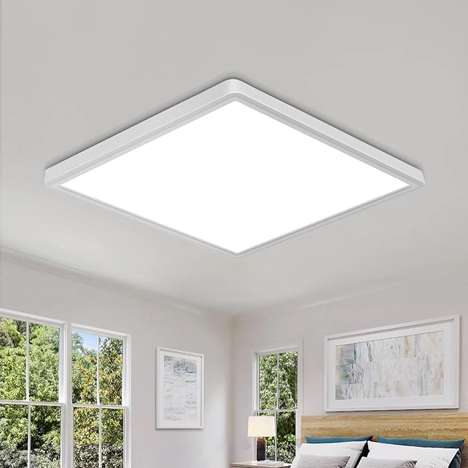 DELIPOP Flush Mount Ceiling Light, 12 Inch 24W Ultra Thin Square LED Ceiling Light, 6500K Cool White Low Profile Light Fixture for Living Room Bedroom Bathroom Kitchen Dining Room Corridor (White)