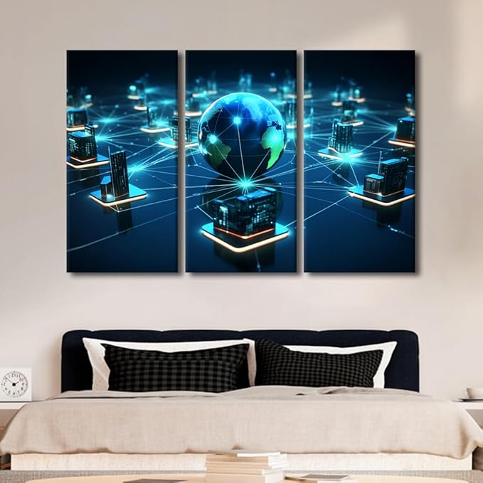 3 Panel Concepts Wall Art Centralized Network Architecture Pictures Print on Canvas for Home Hotel Office Wall Decorative, Wooden Framed Gallery-Wrapped Ready to Hang, 60" Wx40 H