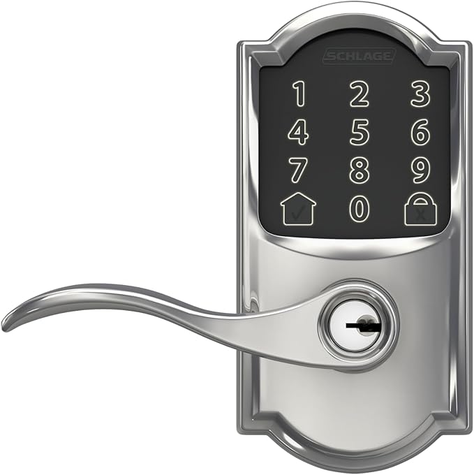 Schlage Encode Smart Wi-Fi Lock with Lever Handle, Touchscreen Keypad, Keyless Entry Door Lock, App Control, Alexa, Google Home and Airbnb Compatible, Bright Chrome, FE789WB CAM 625 Acc