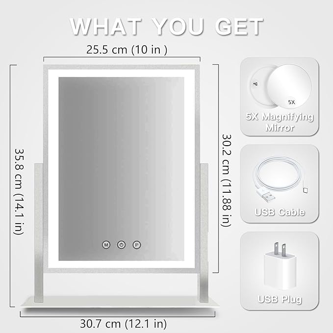 HIEEY Lighted Makeup Mirror, 14.1" x 12.1" Hollywood Vanity Mirror with Lights, Three Color Lighting Modes, and 5X Magnification Mirror, Smart Touch Control, 360°Rotation (White,Gift Box)