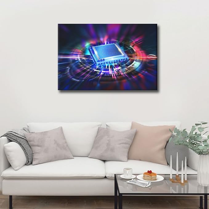 TUMOVO 1 Panel Canvas Painting House Decoration Circuit Board Wall Art CPU Concept Home Decor for Living Room Bedroom Glowing CPU Poster Pictures Modern Office Wall Décor (36x24in)
