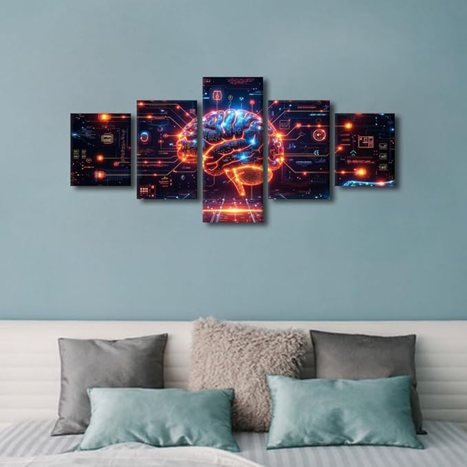 5 Panel Bedroom Wall Decor House Decorations Living Room Wall Decor Neural Network Canvas Wall Art Futuristic Technology Posters for Room AI Artwork Home Decor Wooden Framed Ready to Hang 50"Wx24"H