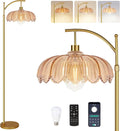Gold Arc Floor Lamp for Living Room Bedroom,Adjustable Unique Modern Floor Lamps with Remote,Vintage Glass Standing Lamp with Dimmable Bulb,Bright Flower Brass Tall Lamp for Corner Office