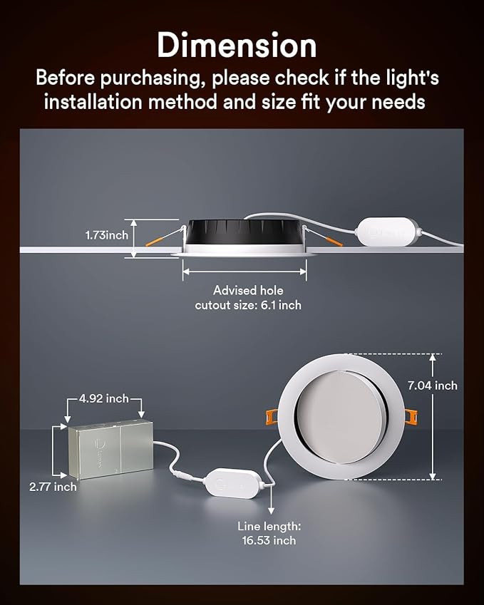 Lumary Smart Gimbal Recessed Lighting 6 Inch, 355°+20° Adjustable RGBWW WiFi Ceiling Light, Compatible with Alexa Google, Canless LED Downlight with J-Box, 13W 1000LM CRI90, 1PC