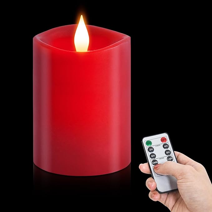 3x4 Flickering Flameless Candles,Real Wax Pillar led Candles Flickering,with Timer,4 inch Flameless Candles with Remote,for Party Wedding Holiday Home Decor,Red