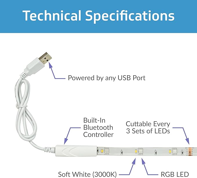 TrueColor Smart LED Strip Lights - 2M USB Tape Light With Bluetooth Light Control - App Controlled & Programmable LED Lights - RGB Color Changeable + Soft White - Dimmable USB Smart Light - 6.6 ft