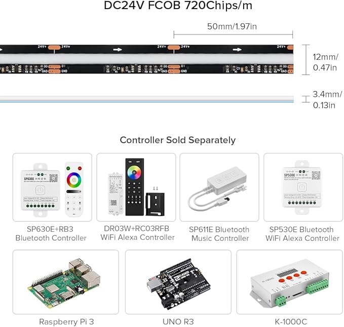 BTF-LIGHTING FCOB WS2811 IC RGB COB LED Strip DC24V 720LED/m 3.2FT Flexible High Density Uniform Chasing Color Light 20IC/m 12mm Width Black PCB for Indoor Decor(No Adapter or Controller)