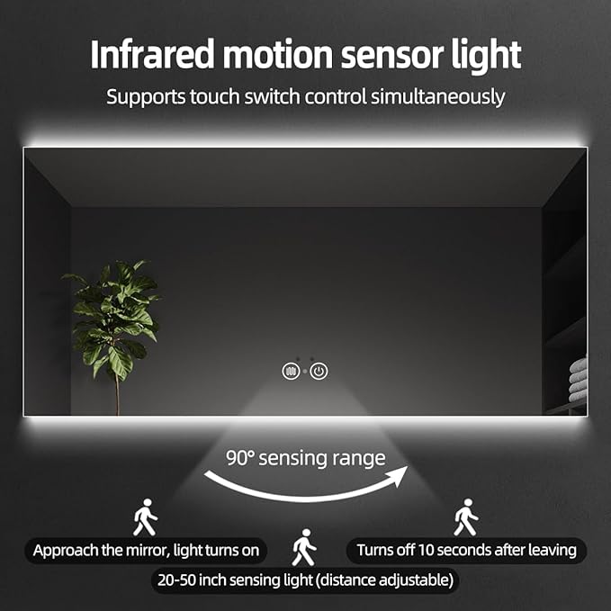 36" H x 48" W LED Bathroom Mirror, Infrared Motion Sensor Vanity Mirror with 3-Color Top & Bottom Backlit Lights, Stepless Dimmable Wall Mirror with Anti-Fog, Rectangular, UL-Listed