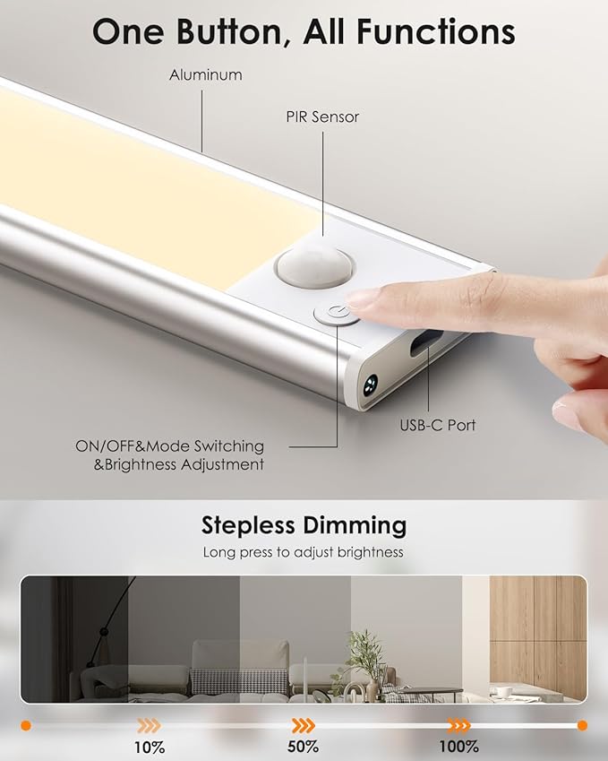 VerRon 10in Under Cabinet Lighting, Upgraded 2200mAh Rechargeable Under Cabinet Lights Wireless, LED Motion Sensor Light Indoor Closet Lights Under-Counter Light Fixtures for Kitchen, Hallway, 2-Pack