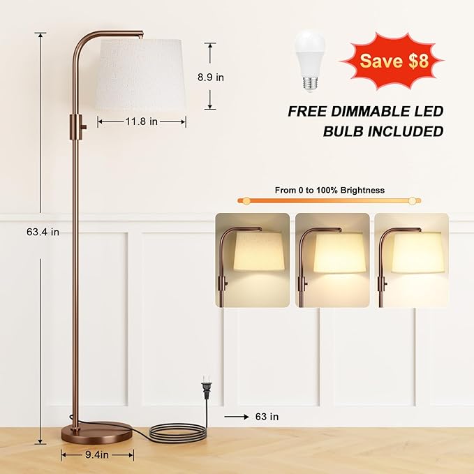 Ambimall 𝐅𝐮𝐥𝐥𝐲 𝐃𝐢𝐦𝐦𝐚𝐛𝐥𝐞 Floor Lamp - Floor Lamps with 9W 𝐋𝐄𝐃 Bulb, Standing Lamps for Living Room with Adjust Head, Modern Standing Tall Light Rotary Switch for Office(Brown and Beige)