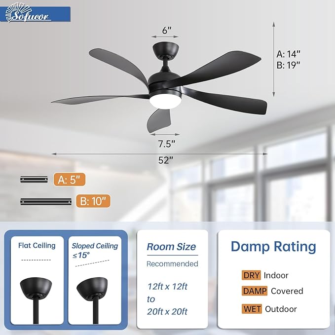 Sofucor 52" Smart Ceiling Fan, Indoor/Outdoor Ceiling Fans with Lights and Remote, Compatible with Alexa/Google/App, 3-Color Light 6-Speed Timing Reversible DC Motor for Bedroom Living Room Patio