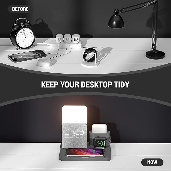 Wireless Charging Station, iPhone 3 in 1 Fast 15W Wireless Charger with Alarm Clock and Night Light, Charging Dock for iPhone 12/13/14/15/16/17 Pro/Pro Max, Samsung, AirPods