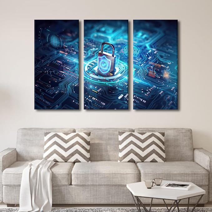 TUMOVO Wall Pictures for Living Room 3 Panels Modern Wall Art Motherboard Closeup and Safety Lock with Login and Connecting Verified Credentials Poster for Home Wall Decorations, 42" Wx28 H