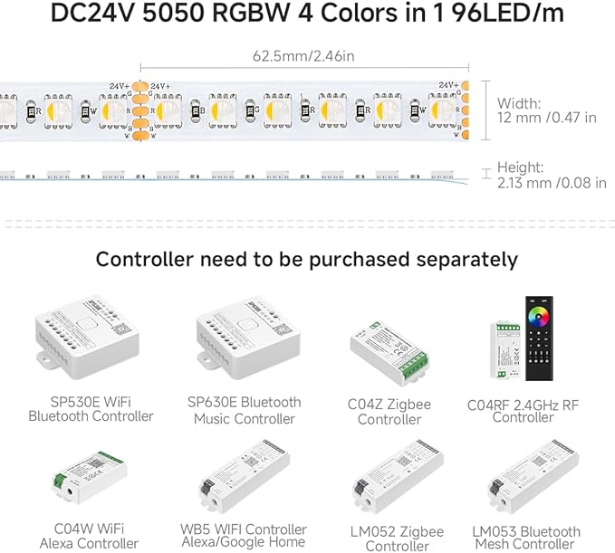 BTF-LIGHTING 5050 RGBW RGB+Warm White(2700K-3000K) 4 Colors in 1 LED 5m 16.4ft 96LED/m DC24V Multi-Colored LED Tape Lights IP65 Waterproof White 12mm PCB for Home Decoration(No Adapter or Controller)