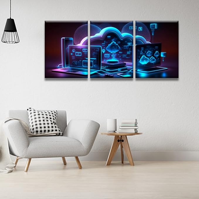 Canvas Art Wall Decor for Bedroom Cloud Storage Communication with Computer Art Prints Canvas Art Wall Painting Artwork for Walls Canvas Wall Decor Bedroom Wall Decor Framed Ready to Hang 12x16inchx3