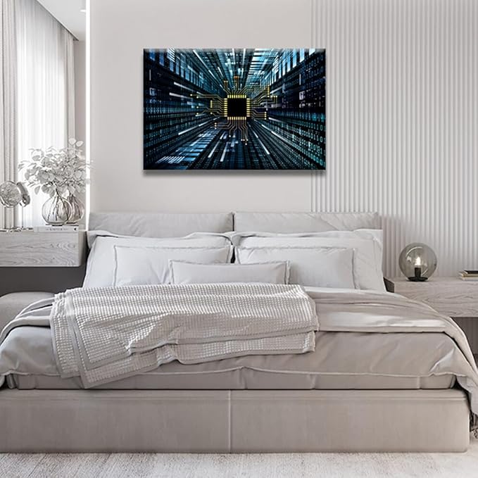 LSIUHWUWI Wall Decorations for Living Room Digital Circuit and Number Graphics Canvas Wall Art 1 Piece CPU Concept Home Decor Circuit Board Poster and Printing Framed Ready to Hang 36X24 INCH