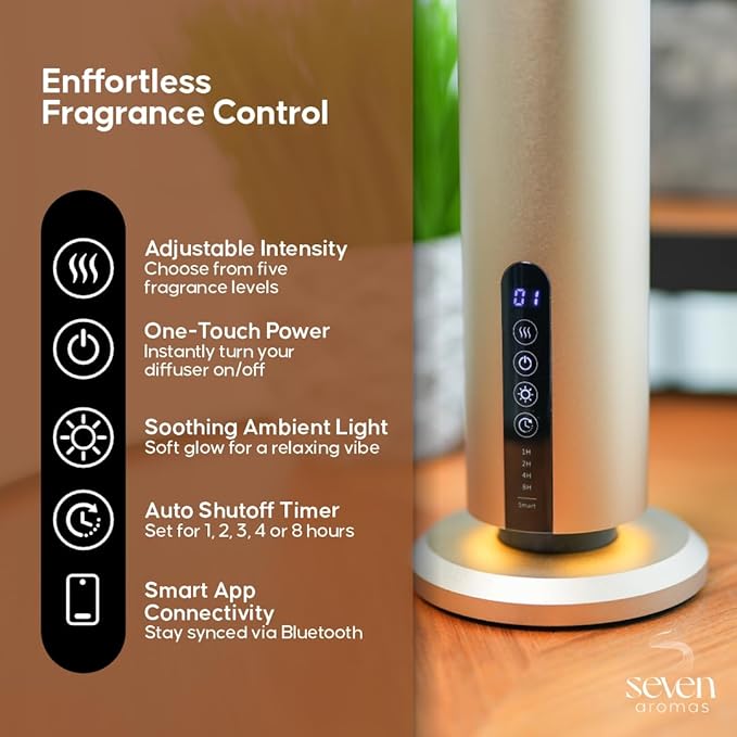 Waterless Essential Oil Scent Machine for Home & Large Rooms - Hotel Collection Aroma Diffuser with Cold Air Technology, Smart Bluetooth Control, 1200 Sq Ft Coverage for Home, Office & Spa - Gold