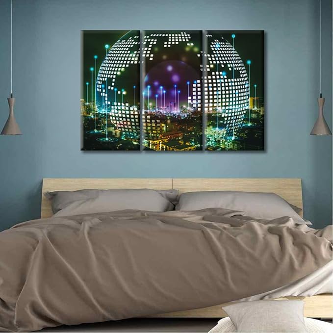 3 Pieces Communication Technology Concept Pictures Canvas Paintings Home Decor City with Wireless Network Connection Wall Art for Living Room Posters and Prints Framed Ready to Hang (36"Wx24"H)