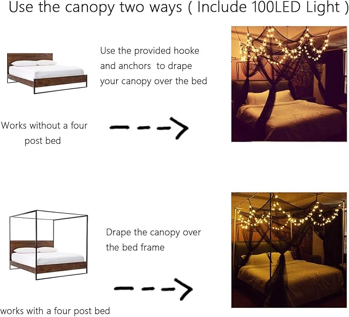 Comtelek 8 Corner Bed Canopy with 100 LED Star String Lights Battery Operated, Black Bed Netting Unique Style 4 Door Square Canopy Bed Curtains Canopy - Suggested for Twin Full Queen King Bed