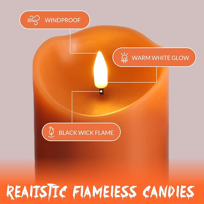 Eywamage Orange Flameless Pillar Candles with Remote, Flickering Real Wax LED Battery Candles Home Table Decor Set of 3