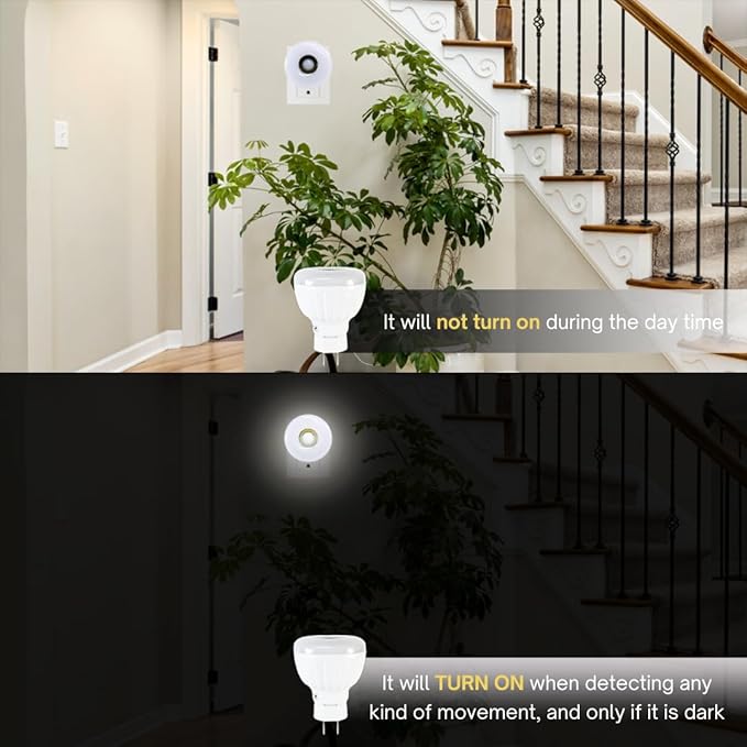 Bright Night Light LED Motion and Light Sensor AC Outlet Plug-in PIR Automatic Lamp Plug into Wall Dusk to Dawn 5W for Bedroom Garage Stairway Basement Hallway