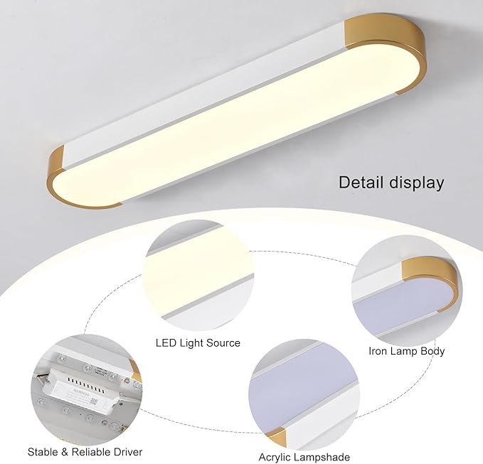 Tioolo Dimmable LED Ceiling Light with Remote 42W Kitchen Lighting Fixtures Ceiling White and Gold Long Ceiling Light Fixture 27.5 Inch Flush Mount Ceiling Lights for Kitchen Dining Room Hallway