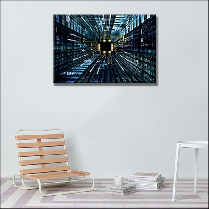 1 Piece Wall Art for Living Room Digital Circuit and Number Graphics Wall Art Office Wall Decor CPU Concept Wall Painting Wall Decorations for Bedroom Bathroom Framed Ready to Hang 16X24 INCH