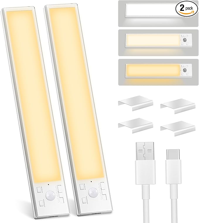 Under Cabinet Lights 2 Pack 8 inch Rechargeable Battery Operated Motion Sensor Light Indoor USB Charging Closet Lights Battery Operated with 3 Color Temps for Kitchen, Stairs, Home