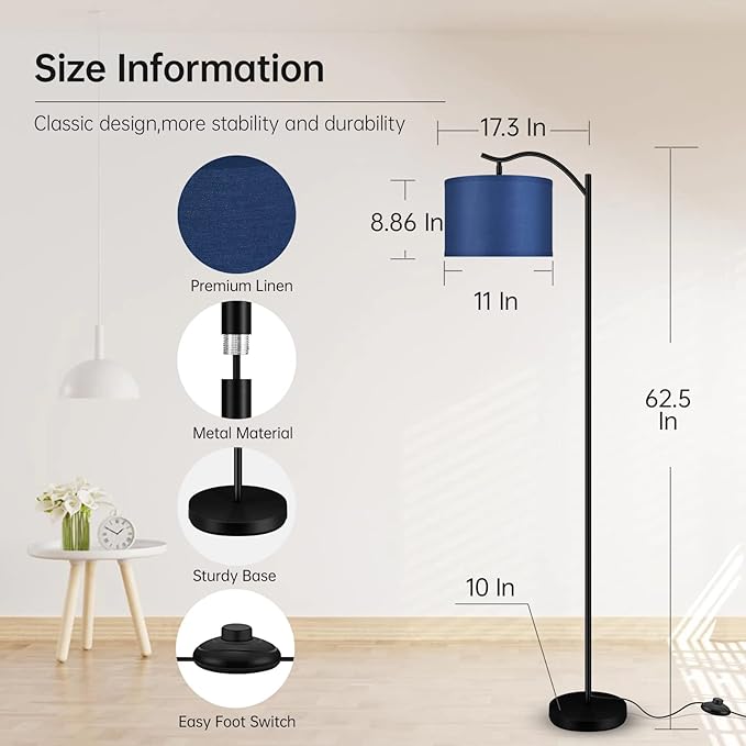 Montage Mid Century Arched Floor Lamp - Tall Modern Standing Lamp with Blue Linen Shade, E26 Socket, Footswitch for Living Room, Bedrooms, Office, Corner