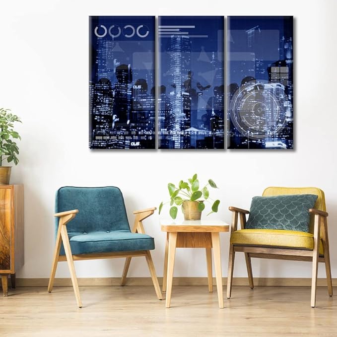 TUMOVO Networking Medias Concept Pictures Home Decor Smart City Paintings Wall Art for Living Room 3 Pieces Wall Decor Posters and Prints Stretched and Framed Ready to Hang (42" Wx28 H)