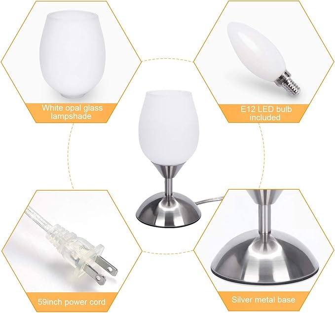 Boncoo Small Touch Lamp for Bedroom Nightstand, 3-Way Dimmable Bedside Lamps Opal Glass Desk Lamp Silver Base, Tiny Table Lamp for Small Spaces Ambient Lighting for Living Room, E12 Bulb Included