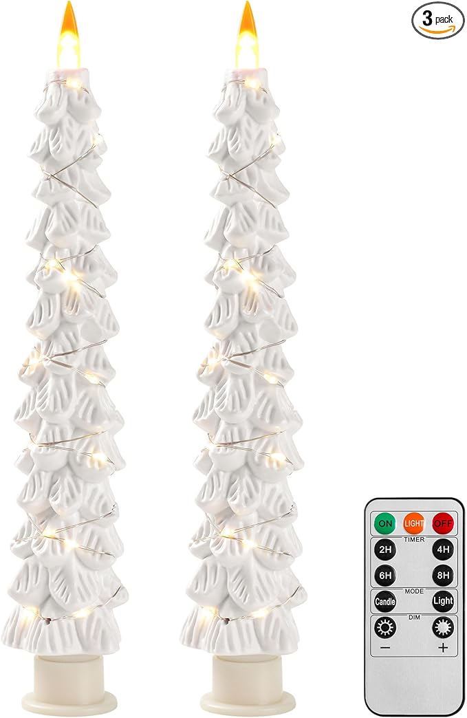 Christmas Tree Candles Surrounded by Fairy Lights, LED flameless Candle Lights with Remote Control Timing Function. White