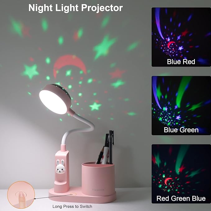 Cute Pink Rabbit Lamp for Kids Reading Study - Star Projector/Pen Holder/3 Brightness/Eye Caring, Rechargeable Led Table Desk Lamp for Home Office Dorm Decor, Ideal Birthday Christmas Gifts