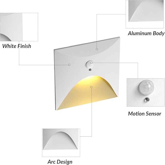 FVTLED Motion Sensor LED Step Lights, 3W AC 85-265V Stair Lights Indoor Outdoor, 3000K Warm White, Arc Design, IP44 Waterproof Staircase Lighting-White Shell