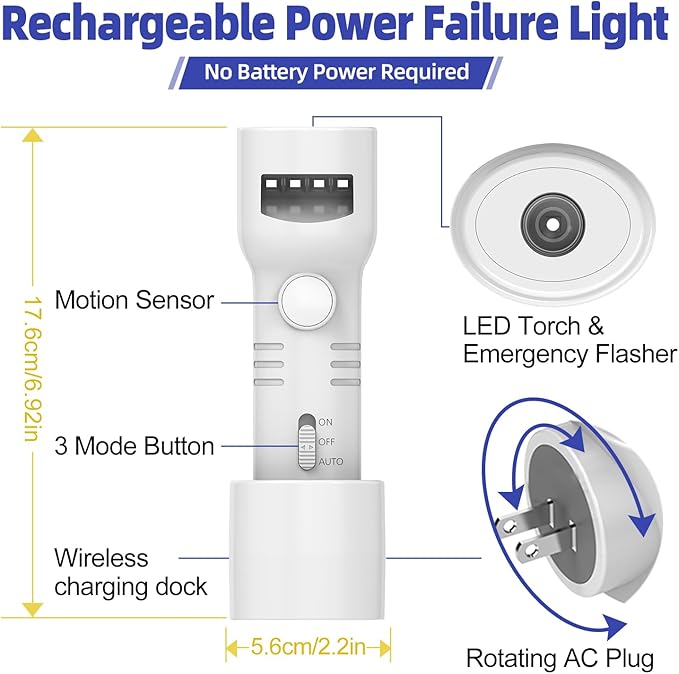 Motion Sensor Night Light, 4 in 1 LED Rechargeable Plug in Flashlight & Nightlight, Emergency Power Failure Light for Bedroom, Hotel Hallways, Hurricane (2 Pack)