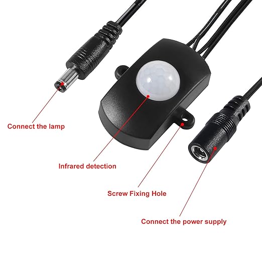 2PCS Mini Pir Motion Sensor Switch, DC 5-24V Auto PIR Infrared Motion Sensor Detector LED Light Strip Switch 5.5 DC Plug for DIY LED Lighting, Light Sensor, Time & Distance Adjustable (Black & White)