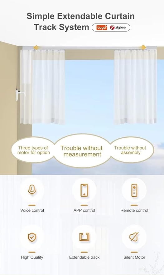 ZigBee Smart Curtain Motor with Retractable Track, Automatic Curtain Opener System 2.5N.m Motorized Drapery Rods Compatible with Alexa/Google Home (2.5-4.5 meters (98.4-177.1 inches) Adjustable)