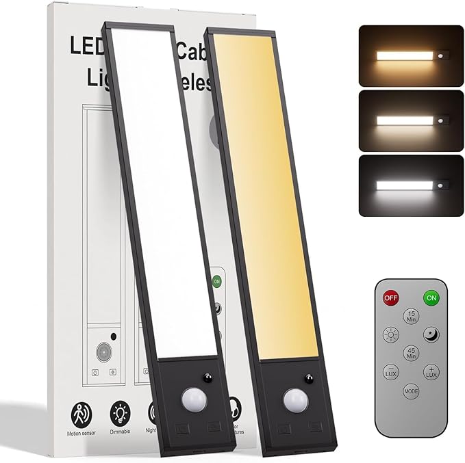 Motion Sensor Under Cabinet Lighting with Remote, Wireless, Aluminum Alloy, 56 LED, 3 Color Modes, 7 Brightness Levels, 3000mAh Battery, Magnetic (2pack -Lights CA-8inch)