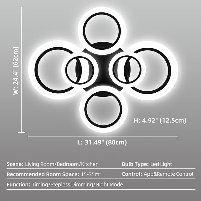Modern LED Ceiling Light Fixture, 32" Dimmable Semi Flush Mount Ceiling Light with Remote & App Control 6 Ring Ceiling Lamp for Dining Room, Kitchen, Living Room, Bedroom, Office, Black