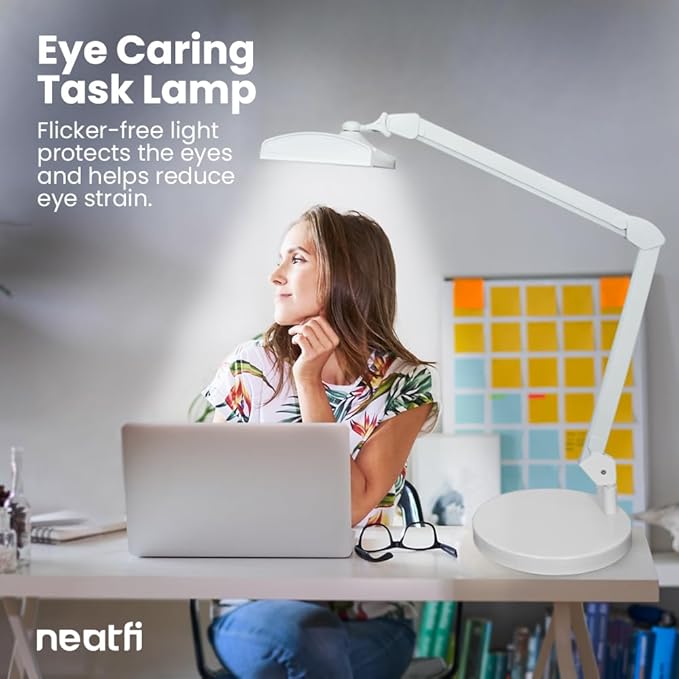 Neatfi Ultra 3,500 Lumens LED Desk Lamp – 45W, 26” Wide Metal Shade, 270 SMD LEDs, Shadow-Free | Adjustable Brightness | Non-Flickering Task Light for Nail, Craft & Office (Non-CCT with Base, White)