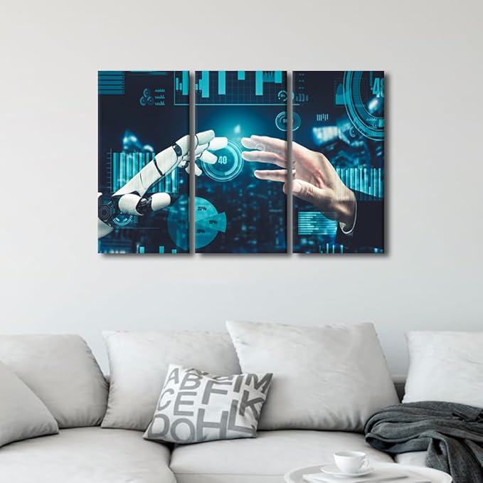 TUMOVO 3 Panels Wall Art AI Intelligence Canvas Prints Robot Paintings Modern Artwork for Home Walls AI Posters and Prints Giclee Gallery-wrapped Framed Ready to Hang, 36" Wx24 H