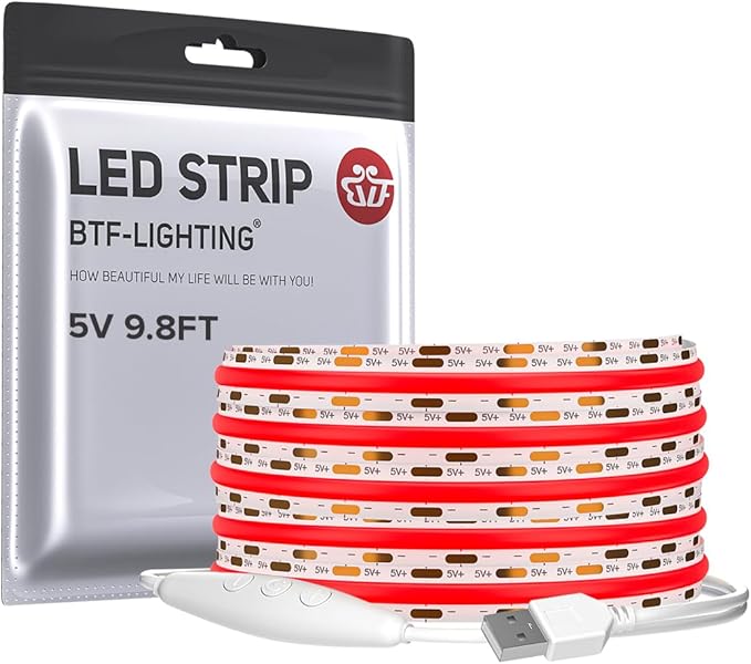 BTF-LIGHTING FCOB COB FOB LED Strip Lights 5V USB Powered 9.8FT 960LEDs Red Color 8mm Width Dimmable CRI 90+ with 3M Tape Flexible High Density for 3D Printer TV Backlight PC DIY Decor