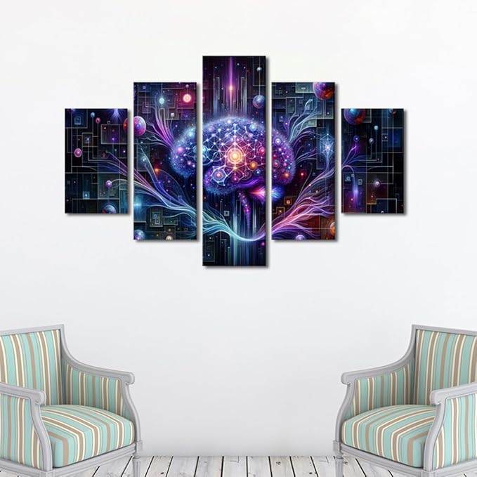 5 Panel Digital Brain Canvas Wall Art for Bedroom Neurological Data Analysis Painting House Decorations Technology Print Artwork Canvas Framed Artwork for Walls Posters framed Ready to Hang 60"Wx40"H