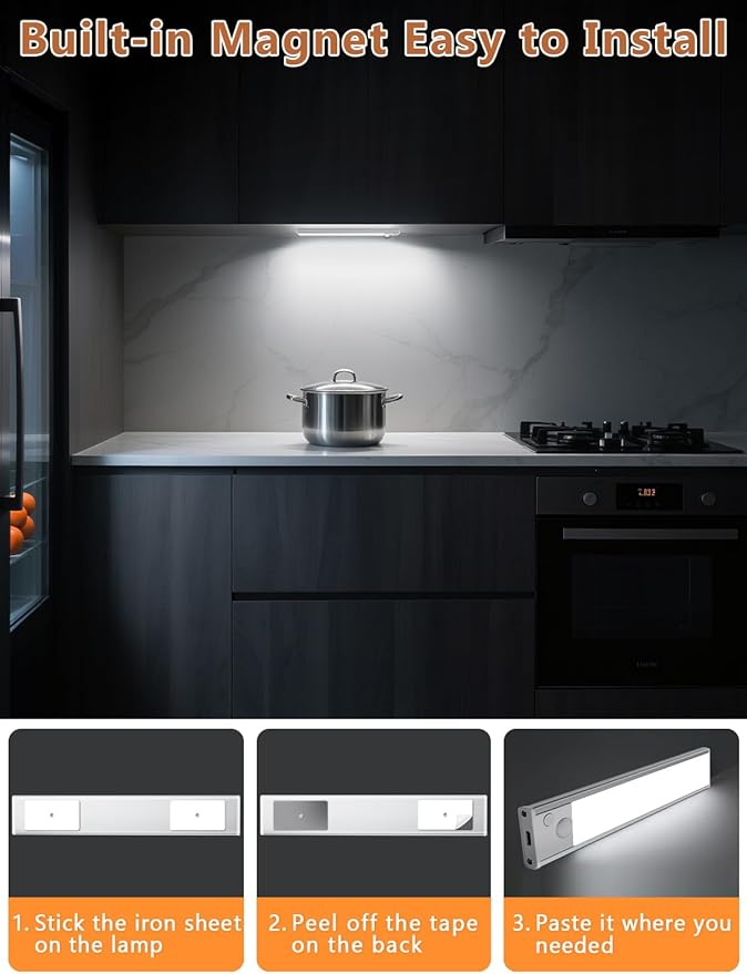 Under Cabinet Rechargeable Lighting: 12 Inch Motion Sensor Dimmable Lights Indoor - Battery Operated Lights - Wireless Closet Light Magnetic Led Light for Kitchen Home Bathroom Counter 3 Pack