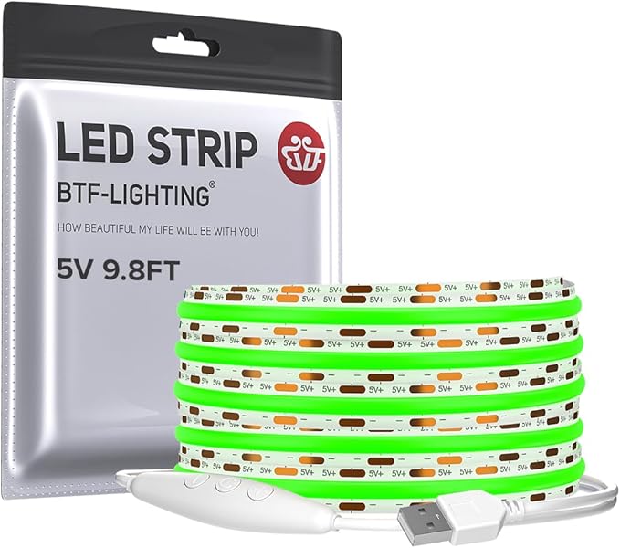 BTF-LIGHTING FCOB COB FOB LED Strip Lights 5V USB Powered 9.8FT 960LEDs Green Color 8mm Width Dimmable CRI 90+ with 3M Tape Flexible High Density for 3D Printer TV Backlight PC DIY Decor