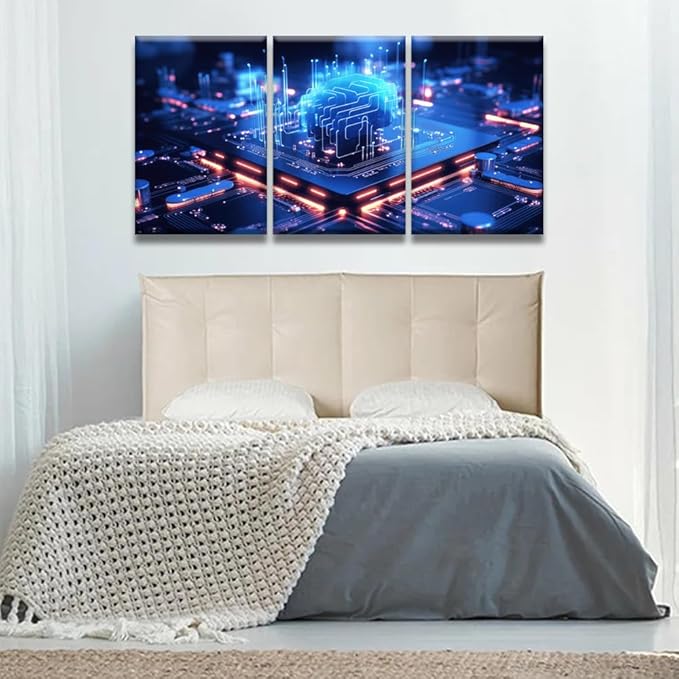 LSIUHWUWI 3 Panel Canvas Wall Art Modern Canvas Prints Art Cloud Computing transfer Data on Internet Pictures Posters, CPU Wall Art Wooden Framed Ready to Hang, 16x24inchx3