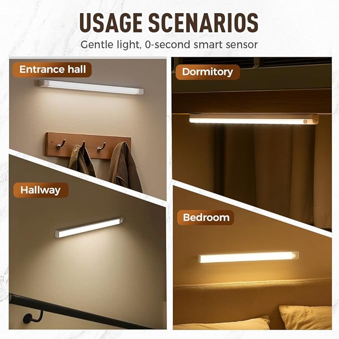 Punch-Free Smart Sensor Magnetic Rechargeable LED Lights, 2026 Upgraded Lntelligent Motion Sensor Light Strip, 3 Colors-Dimmable, Under Cabinet Lighting Wireless (4, Warm Light, 30cm/11.8in)