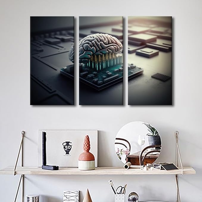 3 Pieces AI Canvas Wall Art Human Cyborg Brain bBeing Used with Computer Chip Pictures Print On Canvas for Living Room Bedroom Wall Decoration, Stretched Framed, 42" Wx28 H