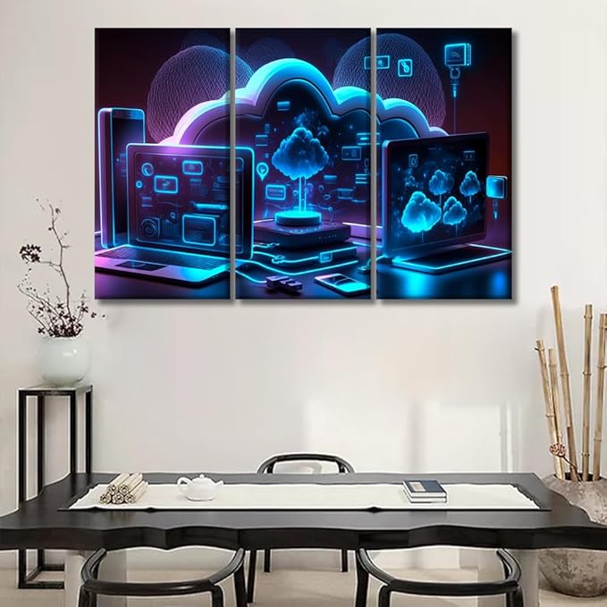 LSIUHWUWI Wall Decor for Bedroom Cloud Storage Communication with Computer Posters and Print 3 Pieces Wall Artwork Stretched And Framed Ready to Hang 20x40inchx3