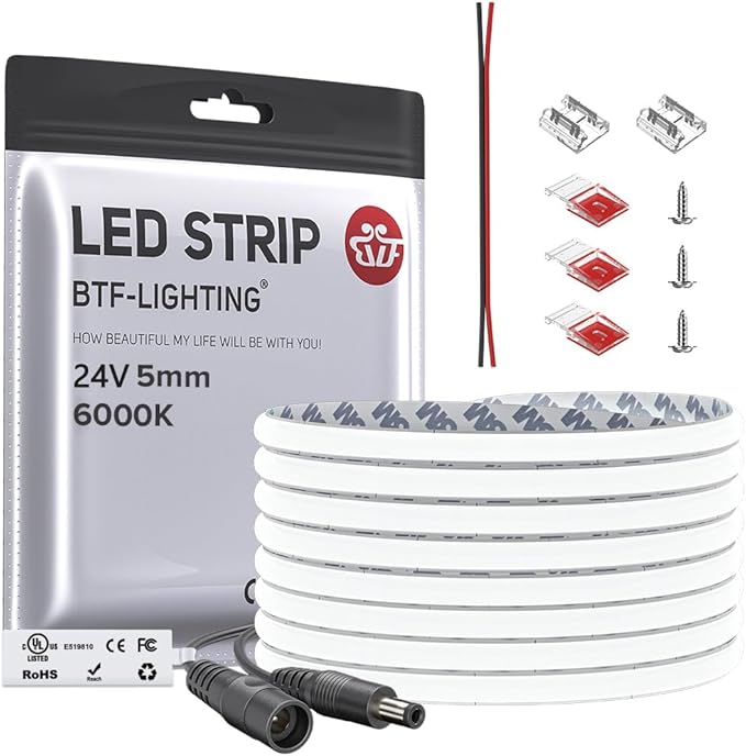 BTF-LIGHTING FCOB COB 5mm Width UL Listed Super Narrow Flexible Uniform Light LED Strip 16.4FT DC24V 6000K CRI 90+ Dimmable LED Ribbon for Kitchen Home Indoor Decoration(No Adapter or Controller)